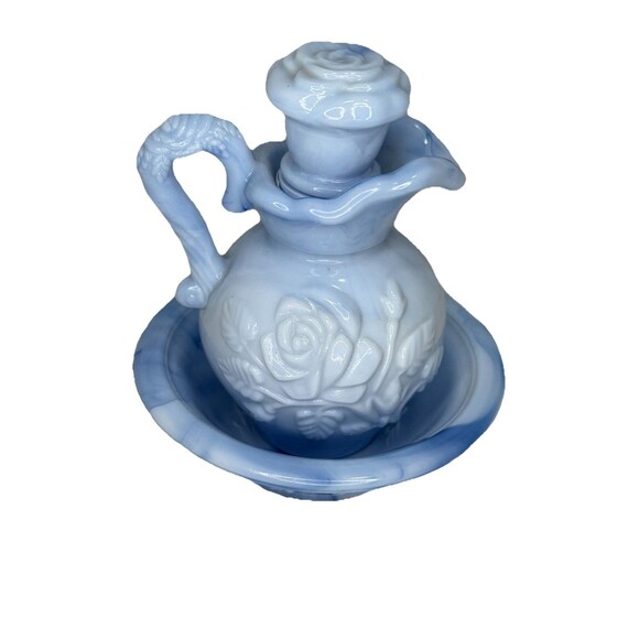 Avon Blue Swirl Milk Glass Floral Rose mini decanter bottle - Picture 1 of 5